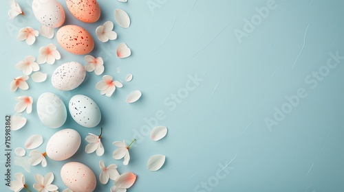 Colorful Easter eggs and with spring white flowers on blue background. Minimalistic concept Top down perspective  Space for text on card. Copy space image  Space to add text or design