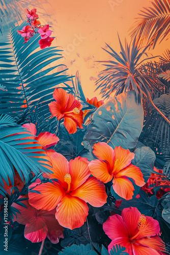 Tropical pop art collage art  vinateg style  vibrant colors  Generative AI