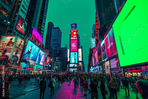 Helicopter Night Tour Illuminated Times Square with Green Screen Mock Up Advertising Templates and Tourists Enjoying photo