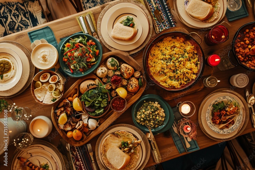 Iftar Ramadan Dinner Table Setting with Food. Photo generative AI