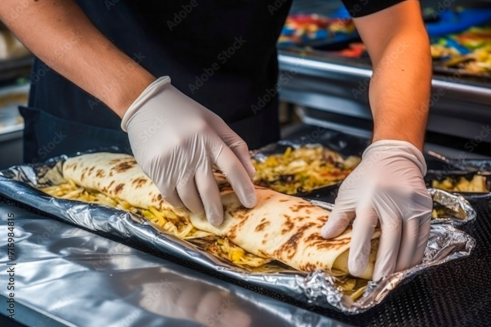 male hands in disposable gloves cook vegetarian shawarma in corn pita bread. street food