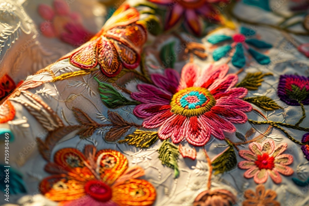 Indian Embroidery, A Colorful Floral Design in Warm Sunlight