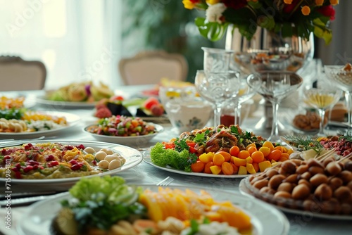 Iftar Ramadan Dinner Table Setting with Food. Photo generative AI