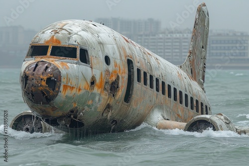 Wallpaper Mural A colossal airplane lies still in the vast ocean, its metallic frame surrounded by the serene outdoor expanse, a striking juxtaposition of man-made technology and natural elements Torontodigital.ca