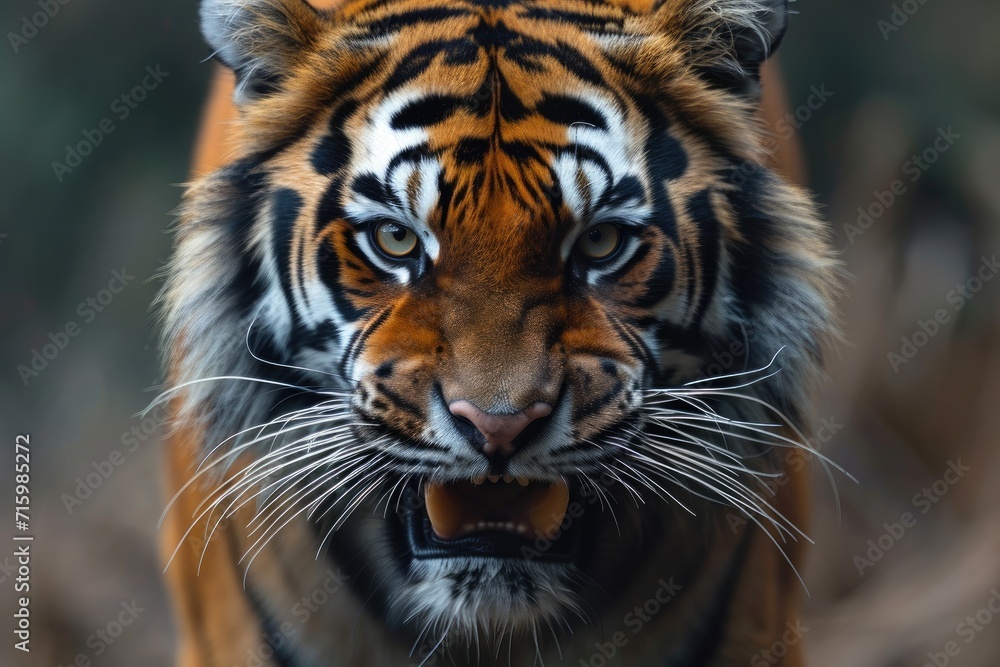 Fototapeta premium A majestic bengal tiger roars fiercely, revealing its sharp teeth and powerful snout, its fur glistening in the sunlight as it commands attention in the wild