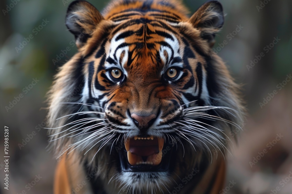 Obraz premium A fierce bengal tiger bares its teeth and roars, exuding strength and wild beauty as it stands in the outdoor habitat of a zoo