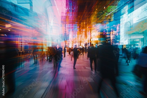 IT business convention, demonstration booth. Long exposure. Blurred human motion. Hand edited generative AI.