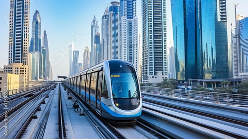 Metro railway among among glass skyscrapers in Dubai. Traffic on street in Dubai. Museum of the Future in Dubai. Cityscape skyline. Urban background. photo