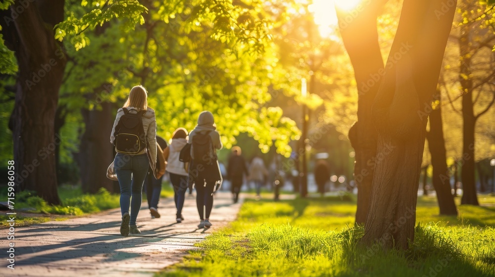 Obraz premium People walking through the park in the Spring sun