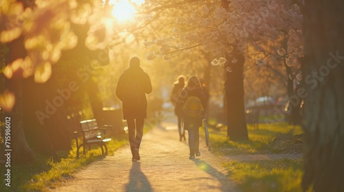 People walking through the park in the Spring sun
