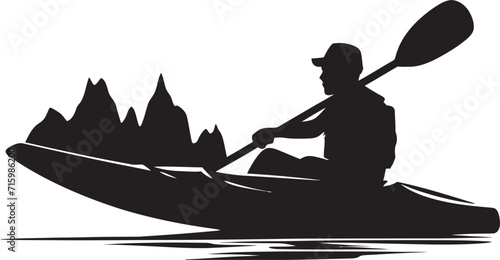 Aquatic Ascent Vector Logo Illustrating a Kayaker   s Journey in Bold Black Rapids Rhythm Iconic Design Depicting the Excitement of Kayaking