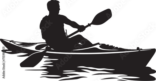 Torrential Tranquility Sleek Logo Capturing the Calmness of Kayaking Cascade Voyager Black Icon of a Man Kayaking Amidst Flowing Waters