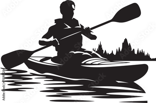 Aqua Trailblazer Vector Design Showcasing a Man in Kayak with Sleek Black Styling Paddle Mastery Emblem Iconic Black Logo Depicting the Skilled Kayakers Expertise