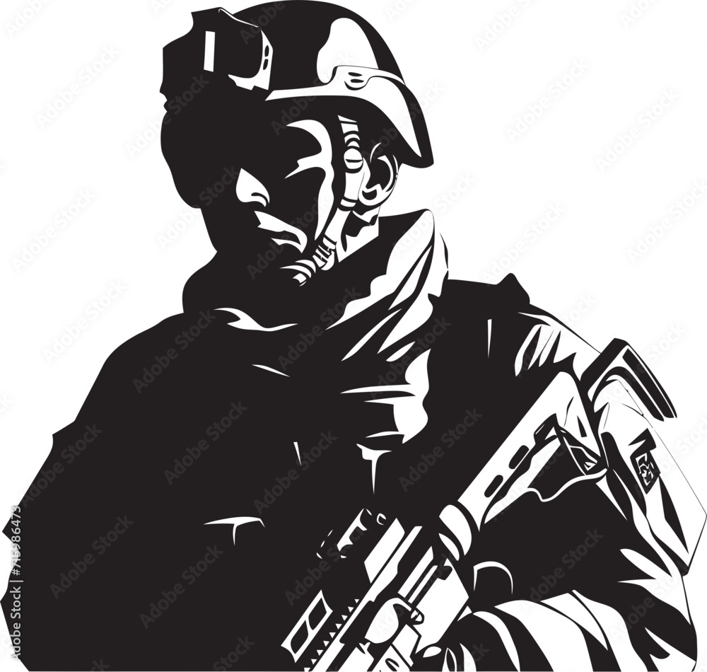 Camo Guardian Vector Logo Depicting a Military Man with a Gun in Camouflage Lethal Enforcer Stylish Black Emblem Illustrating the Vigilance of a Soldier Camo Guardian Vector Logo Depicting a Military Man with a Gun in Camouflage Lethal Enforcer Stylish Black Emblem Illustrating the Vigilance of a Soldier