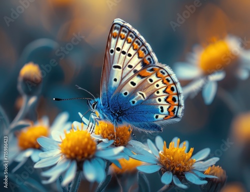 Capturing the delicate dance of a vibrant blue butterfly, an essential pollinator and mesmerizing arthropod, as it delicately lands on a flower to collect pollen in the peaceful outdoor setting, immo