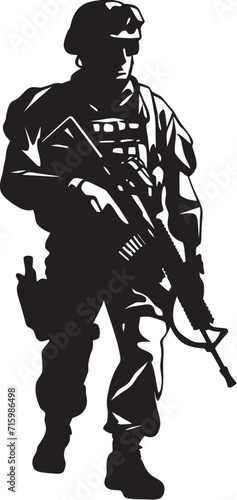 Tactical Sniper Black Logo Illustrating the Strength and Readiness of a Soldier Urban Warfare Defender Vector Icon of a Soldier with a Gun in a City Setting © BABBAN