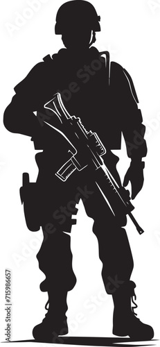 Night Ops Marksman Iconic Design Featuring a Soldier with a Gun in Bold Black Camo Enforcer Sleek Black Logo Illustrating a Soldier with a Gun in Military Camouflage