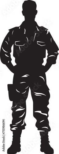 Tactical Guardian Vector Emblem Depicting a Vigilant Soldier with a Gun in Sleek Black Stealth Enforcer Insignia Iconic Design Featuring a Military Professional Aiming with Precision