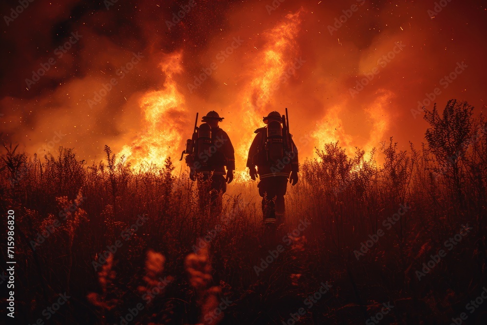 Fototapeta premium A lone firefighter braves the intense heat and billowing smoke of a raging wildfire, their silhouette illuminated by the fiery glow of a distant mountain and the embers of a nearby bonfire