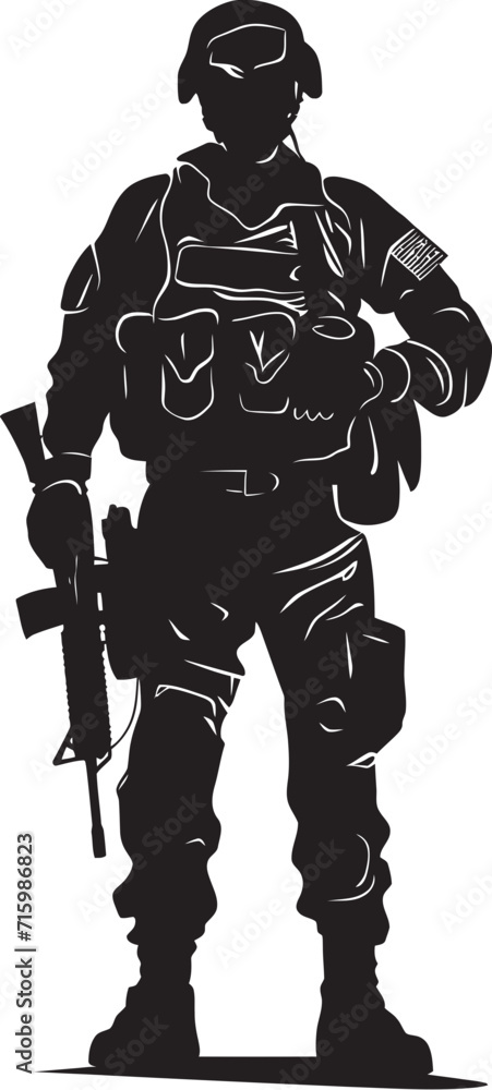 Stealth Defender Iconic Vector Depicting a Military Man with a Gun in Bold Black Tactical Avenger Black Logo Illustrating the Strength and Readiness of a Soldier Stealth Defender Iconic Vector Depicting a Military Man with a Gun in Bold Black Tactical Avenger Black Logo Illustrating the Strength and Readiness of a Soldier