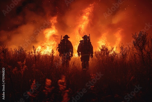 A lone firefighter braves the intense heat and billowing smoke of a raging wildfire, their silhouette illuminated by the fiery glow of a distant mountain and the embers of a nearby bonfire