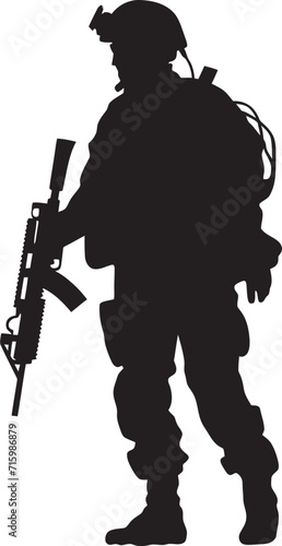 Precision Defender Vector Logo Illustrating a Military Professional Ready for Action Rapid Response Enforcer Black Icon of a Soldier Ready for Immediate Action
