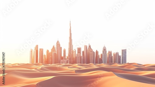 Middle east skyline with nature. abstract design template. skyscraper and dune sand, 3d illustration. isolated background. desert sand plot.