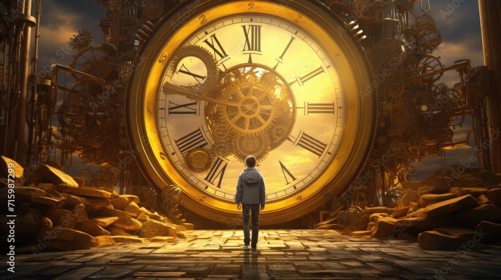 Obraz premium A tiny man stands near a white, magical, mysterious large clock. past and future. concept of wasting time.