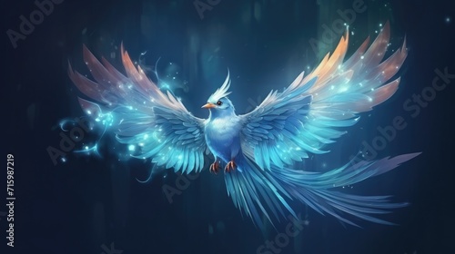 Cute little blue bird. Cute animals and birds. Spring symbol. Blue luck bird. glow and bokeh photo