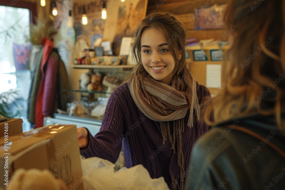 Cheerful saleswoman in scarf presents a box to a customer with a smile.
