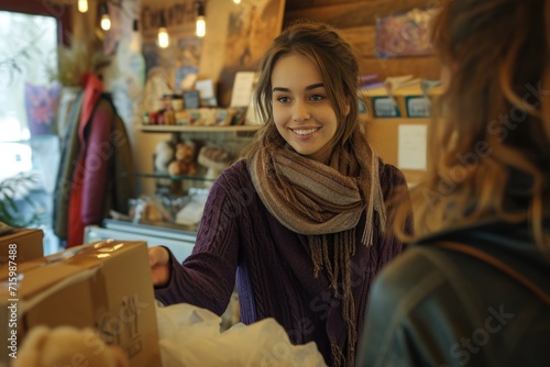 Cheerful saleswoman in scarf presents a box to a customer with a smile.