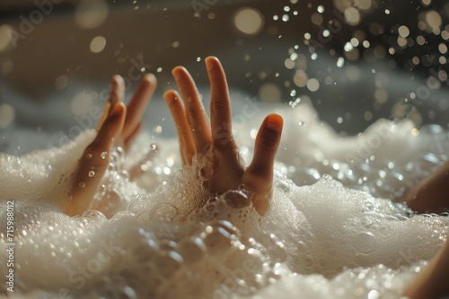 Playful human hands above soapy water  conveying a lighthearted and joyful atmosphere