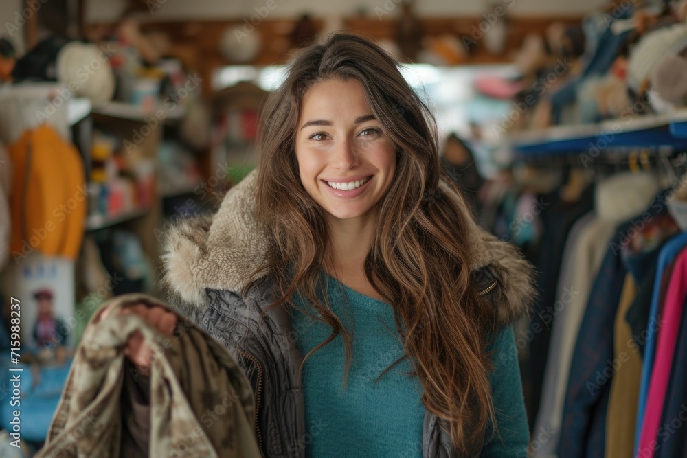 A woman wearing a teal top happily explores a thrift store, highlighting the variety of items available for purchase A woman wearing a teal top happily explores a thrift store, highlighting the variety of items available for purchase