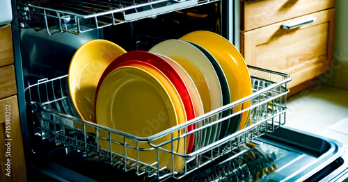 Dish rack filled with yellow and red plates in dishwasher.