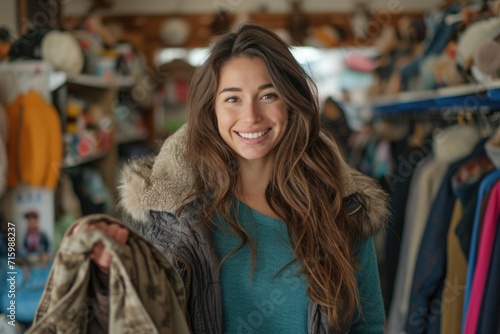 A woman wearing a teal top happily explores a thrift store, highlighting the variety of items available for purchase