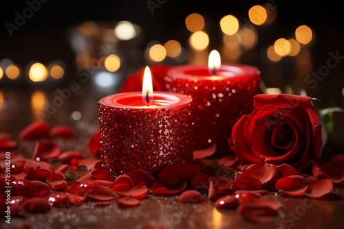 Design a festive scene with red glittering hearts and candles.