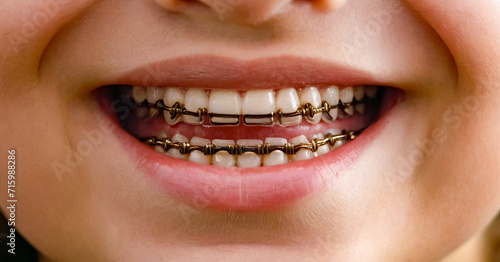 Close up of woman's smile with braces on her teeth.