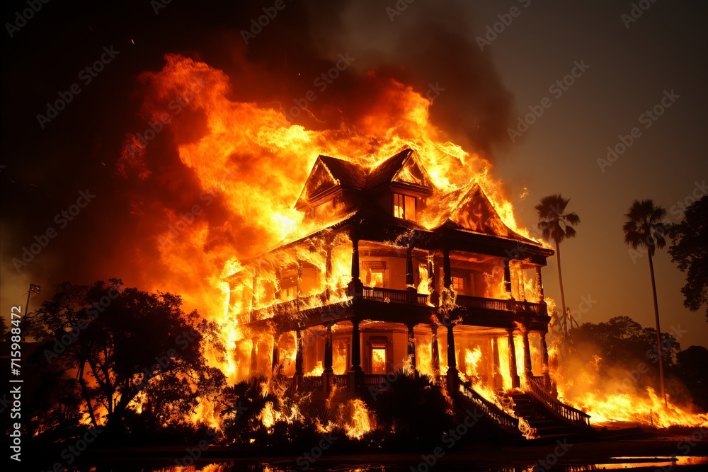 The mansion is completely engulfed in flames. Fire and a high column of smoke above the house.