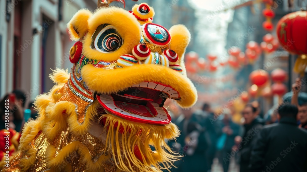 A close-up view of a Chinese lion dance costume during a Chinese New Year festive performance, with blurred onlookers and lanterns in the background