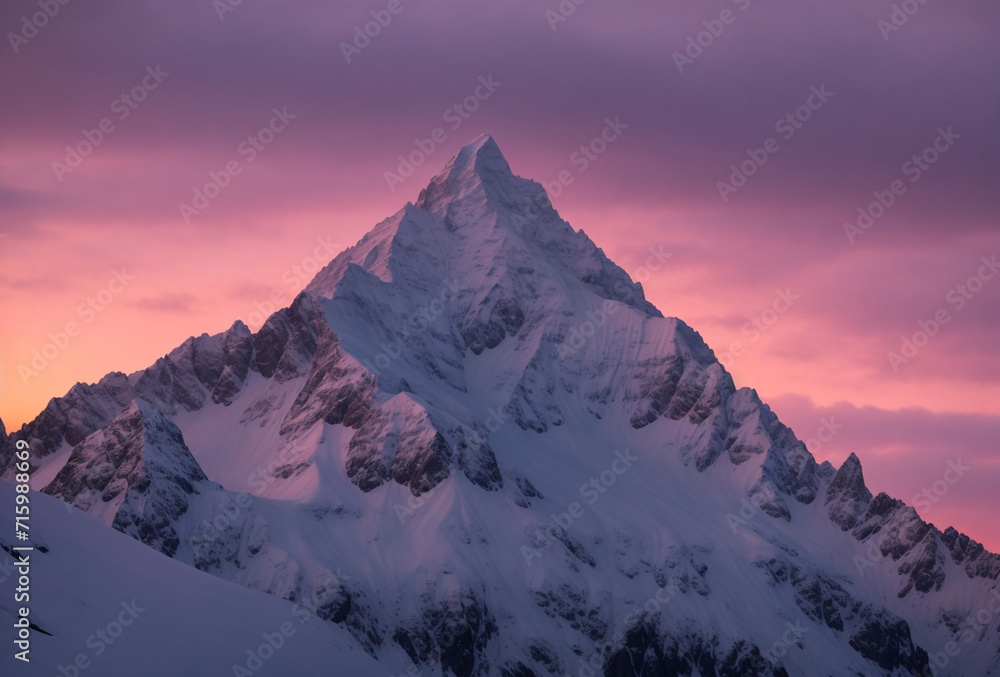 sunset in the mountains, Beautiful shot of a snow-capped mountain at sunset. Dark colors