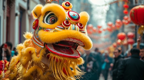 A close-up view of a Chinese lion dance costume during a Chinese New Year festive performance, with blurred onlookers and lanterns in the background © Ilnara