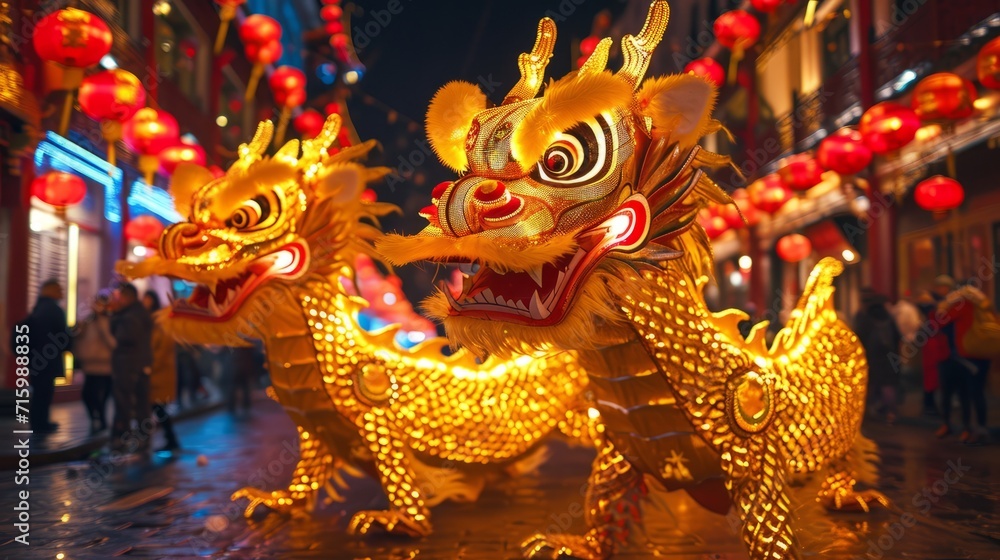 Golden dragon dance in full swing at night with bright red lanterns lining the festive streets in the Chinatown at New Year celebration