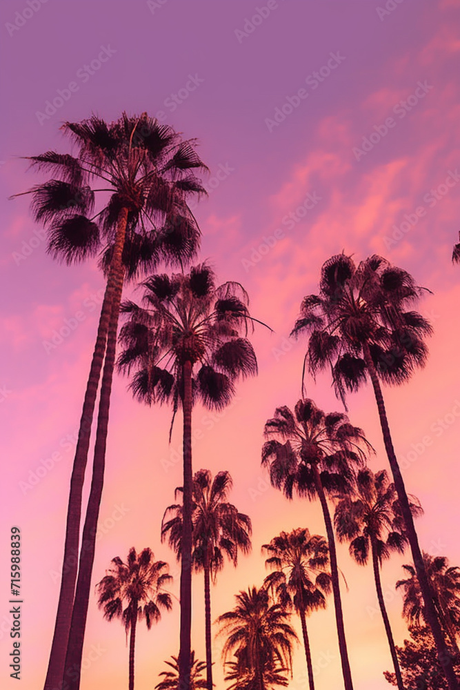 palm trees at sunset, palm trees under pink sky,  generative ai