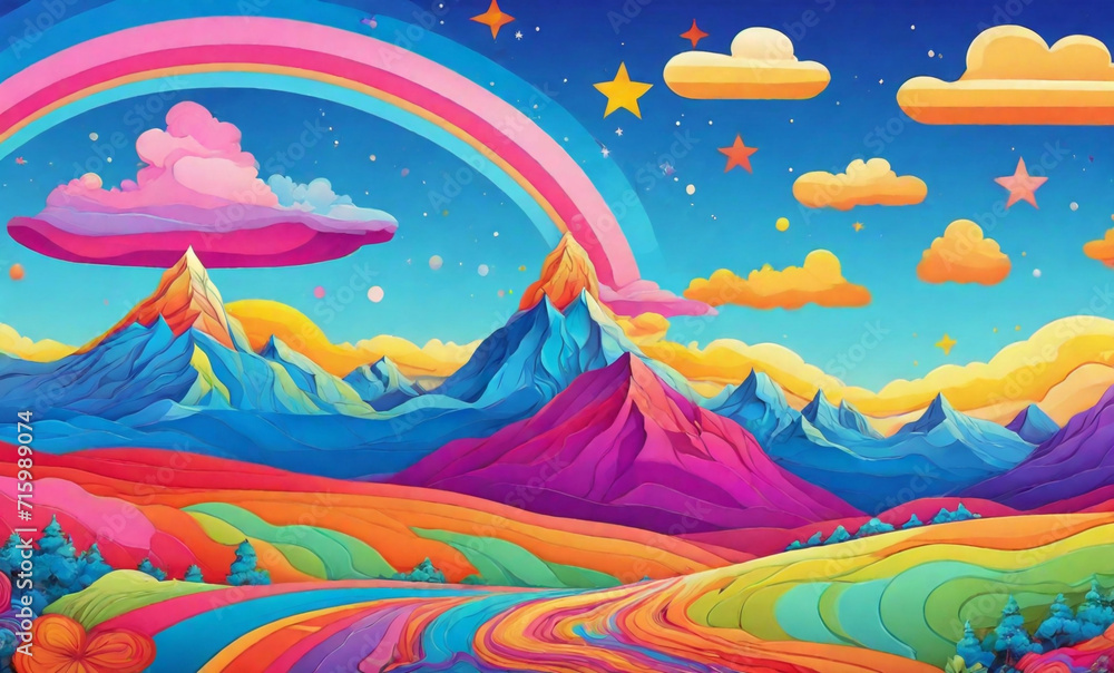 landscape with rainbow and clouds. Fantastic style hippie psychedelic landscape with mountains in the form of colorful stripes and blue sky and stars. Cartoon vector illustration landscape with rainbow and clouds. Fantastic style hippie psychedelic landscape with mountains in the form of colorful stripes and blue sky and stars. Cartoon vector illustration