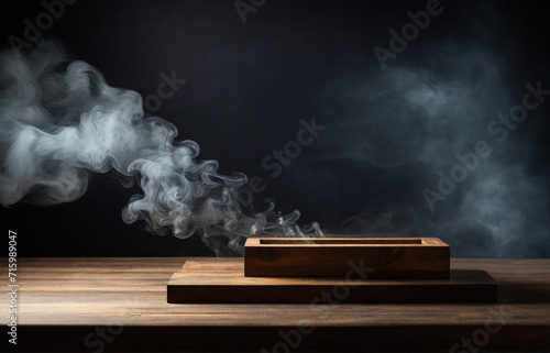 smoking pipe with smoke, empty wooden table with smoke float up on dark background. Space for product presentation, studio shot, photorealistic, high resolution image with soft lighting