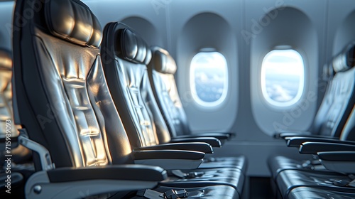 a row of seats in an airplane with the windows open and the seats facing the side of the plane photo
