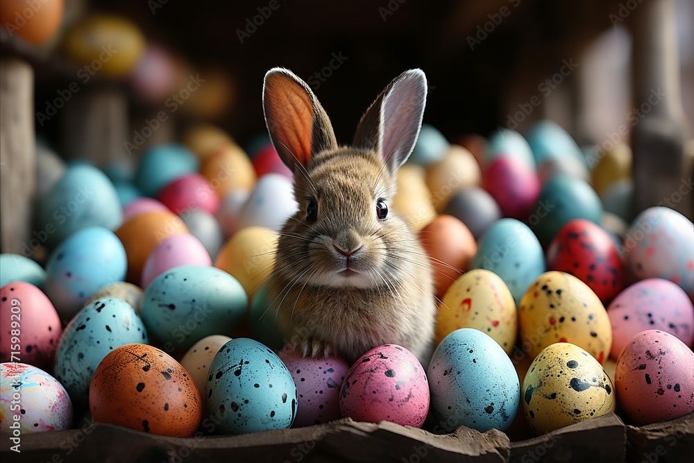 A bunny sits in a basket with Easter eggs A bunny sits in a basket with Easter eggs
