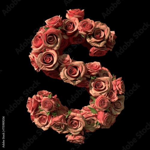 Rose Dollar Sign isolated on Black Background. Photorealistic Buck Sign on Black backdrop. Square Illustration. Ai Generated Finance and Currency 3D Symbol.