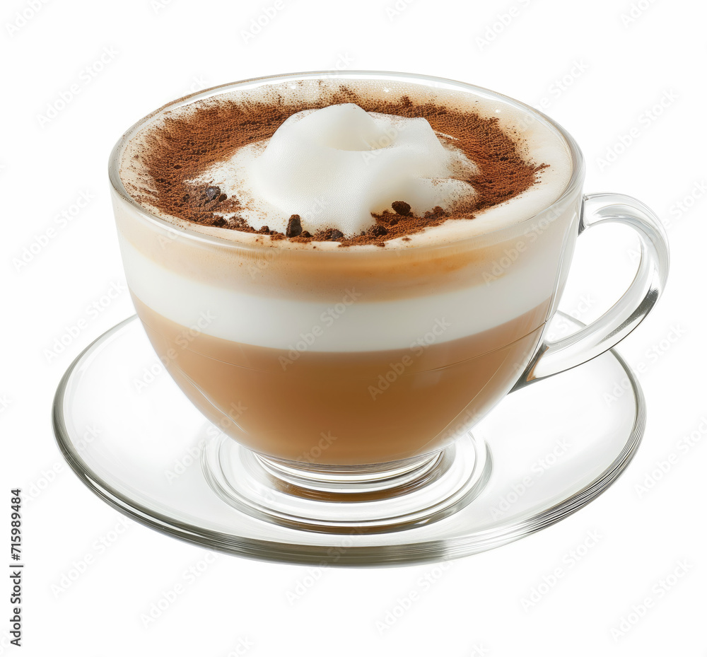 A close-up image of a beautifully layered cappuccino, topped with frothy milk and a sprinkle of cocoa, served in an elegant clear mug. A close-up image of a beautifully layered cappuccino, topped with frothy milk and a sprinkle of cocoa, served in an elegant clear mug.
