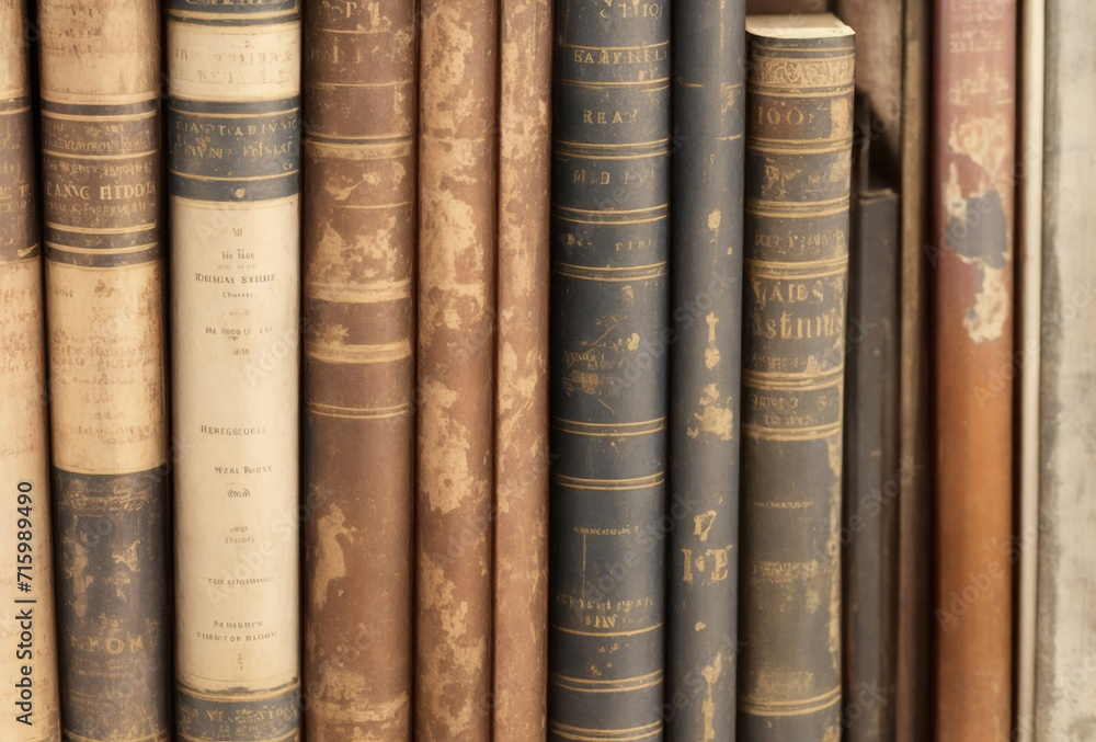 Old books close-up. Title of the book is printed on the spine, book cover. Tiled Bookshelf background. Concept on the theme of history, nostalgia Old books close-up. Title of the book is printed on the spine, book cover. Tiled Bookshelf background. Concept on the theme of history, nostalgia
